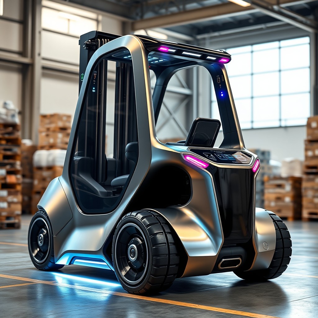 A futuristic forklift design featuring sleek, aerodynamic lines and a high-tech appearance
