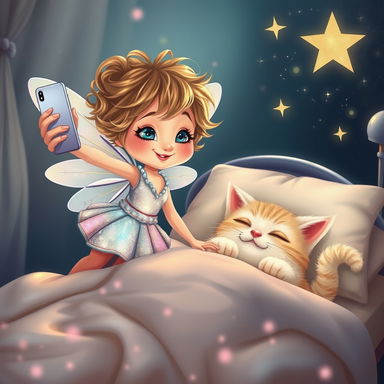 A whimsical tooth fairy with a cheeky expression, taking a selfie