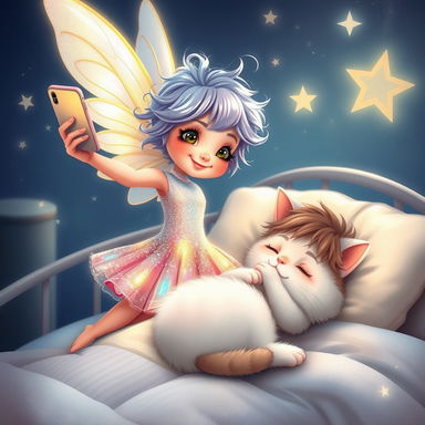 A whimsical tooth fairy with a cheeky expression, taking a selfie