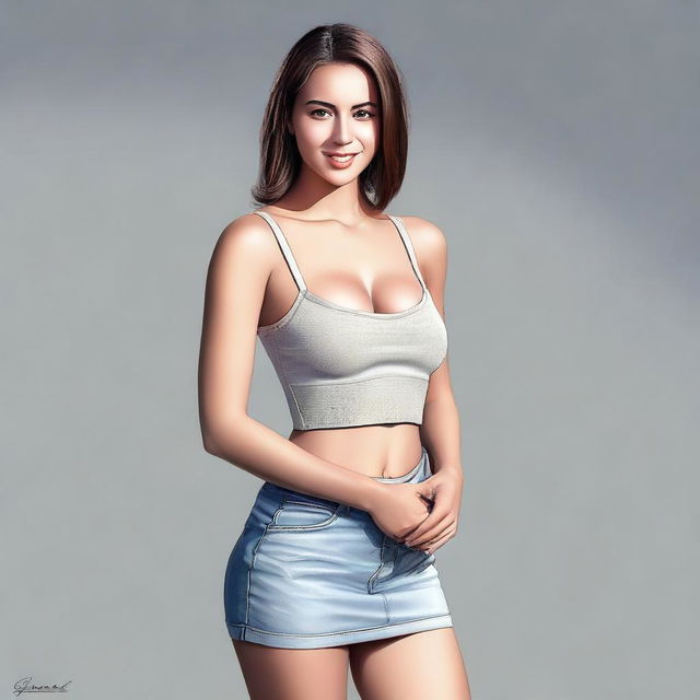 A high-quality, realistic digital art piece presents an attractive woman in a very short skirt, without a bra