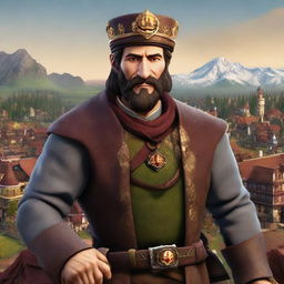 Create an avatar in the unique style of the game 'Forge of Empires', including medieval-inspired clothing, intricate detailing and immersive backgrounds.