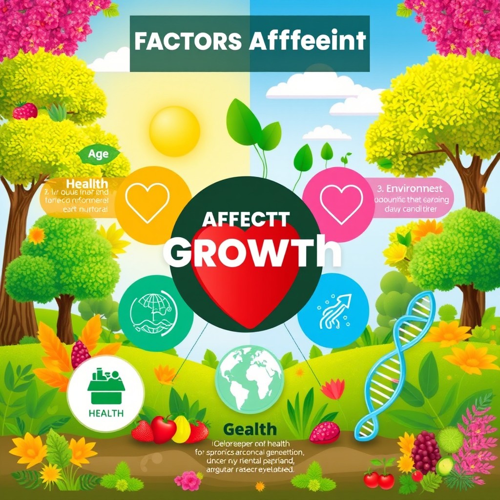A visually engaging infographic that illustrates the various factors affecting growth, including age, health, nutrition, environment, and genetics