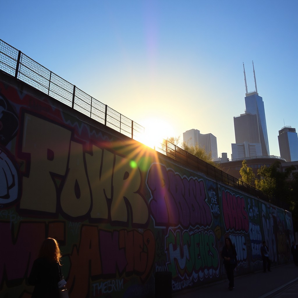 A vibrant graffiti wall in an urban setting, bathed in the soft, warm light of a morning sun