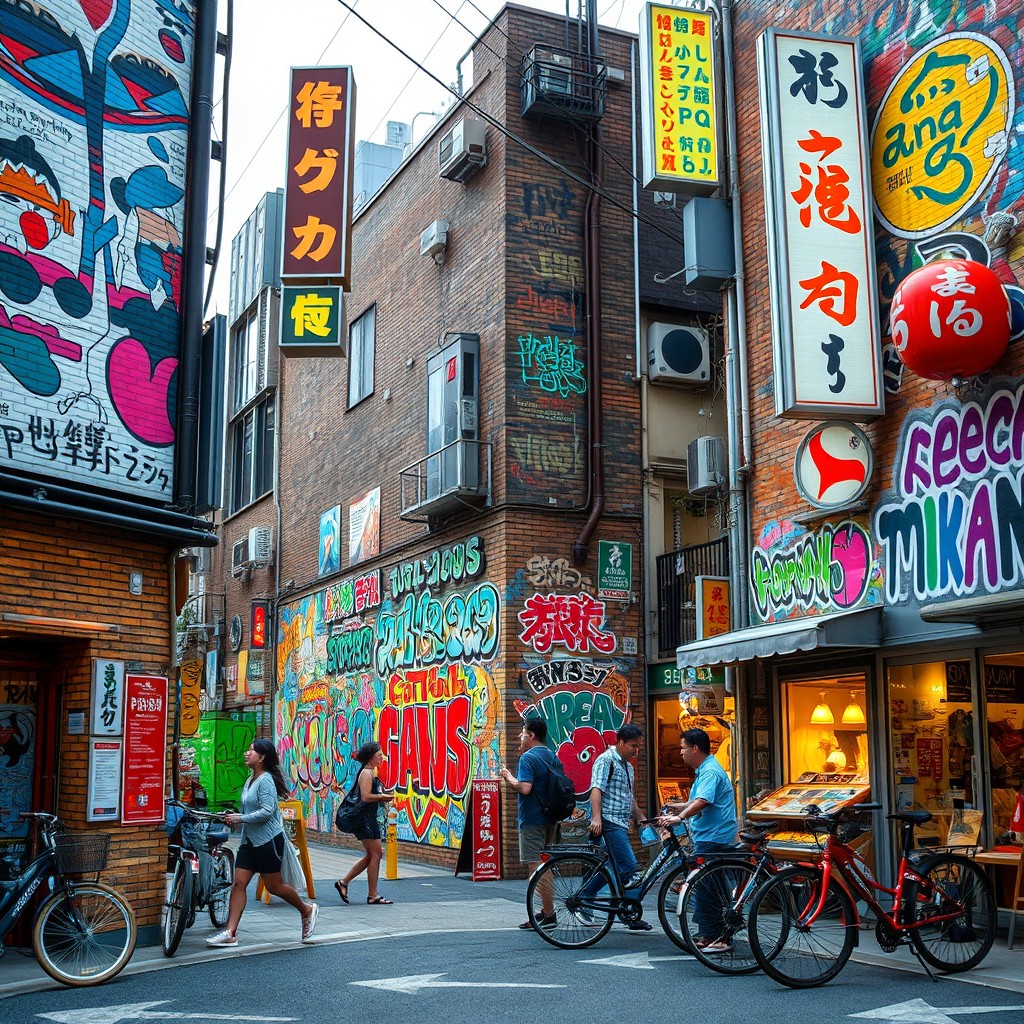 A vibrant and dynamic Japanese street scene featuring colorful graffiti art on brick walls, set in an urban environment