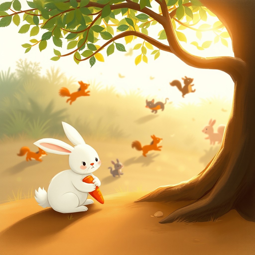 In the charming style of Jon Klassen, a lively scene unfolds where a group of small animals, including a playful fox, a cheerful little pig, and a spirited squirrel, are playfully chasing and wrestling in the distance, conveying a sense of motion with soft dynamic blur