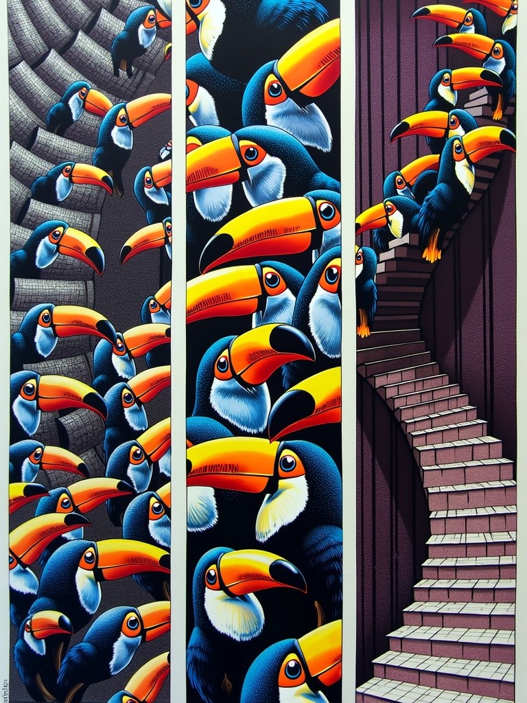 An artwork featuring three vertical segments: the top segment showcases an intricate fractal pattern with detailed repeating shapes, vivid colors, and complex designs; the middle segment presents a close-up view of numerous toucan beaks, each displaying vibrant colors, textures, and unique patterns; the bottom segment illustrates a twisting staircase with many layers, creating a confusing and mesmerizing spiral design
