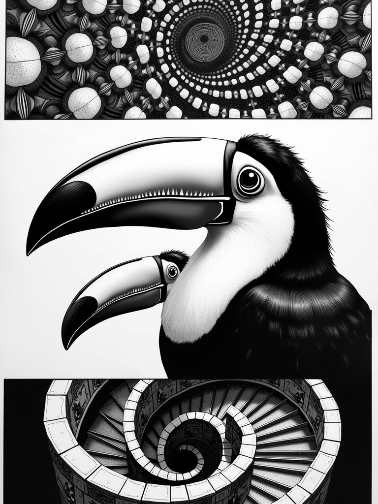An artwork divided into three vertical segments: the top segment is a striking black and white fractal pattern, showcasing detailed, repeating shapes with intricate designs and sharp contrasts; the middle segment features a close-up of various toucan beaks, rendered in black and white with bold outlines and defined textures; the bottom segment depicts a complex staircase that spirals around itself in a confusing manner, intricately illustrated in stark monochrome