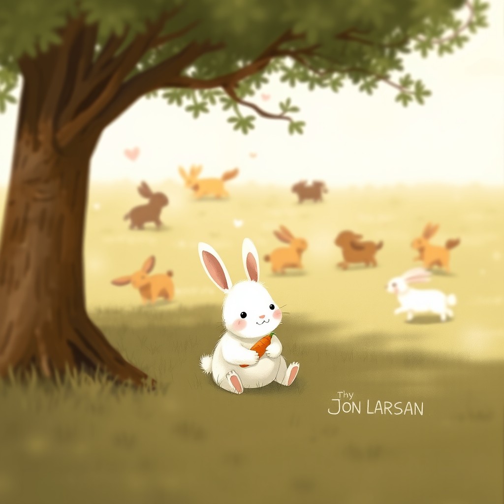 In a whimsical scene, a group of small animals playfully chase each other in the background, depicted in a slightly blurred style to create a sense of motion and joy
