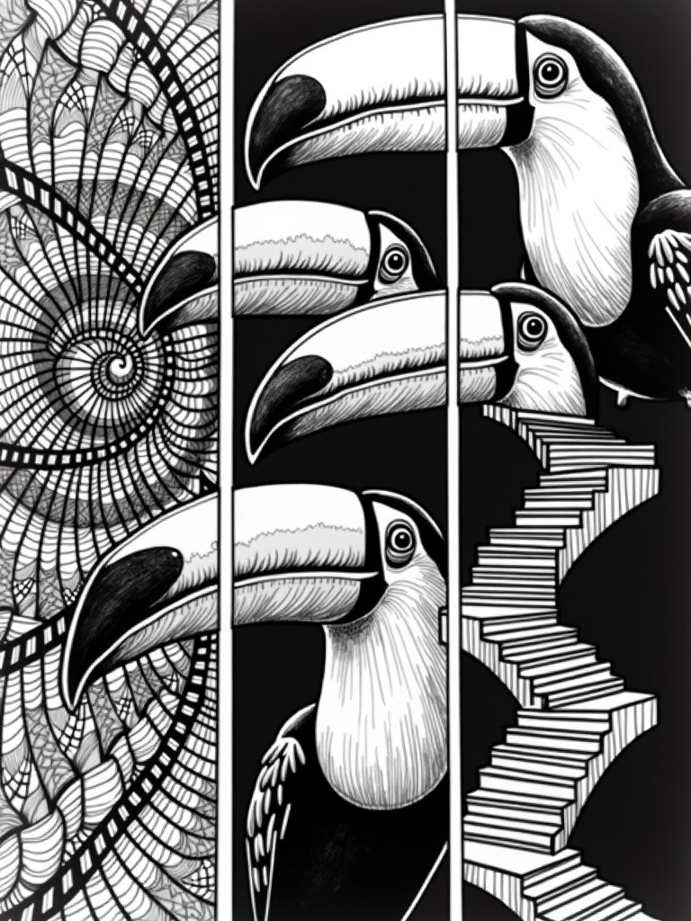 An artwork divided into three vertical segments rendered in black and white comic line art style, created using marker pen