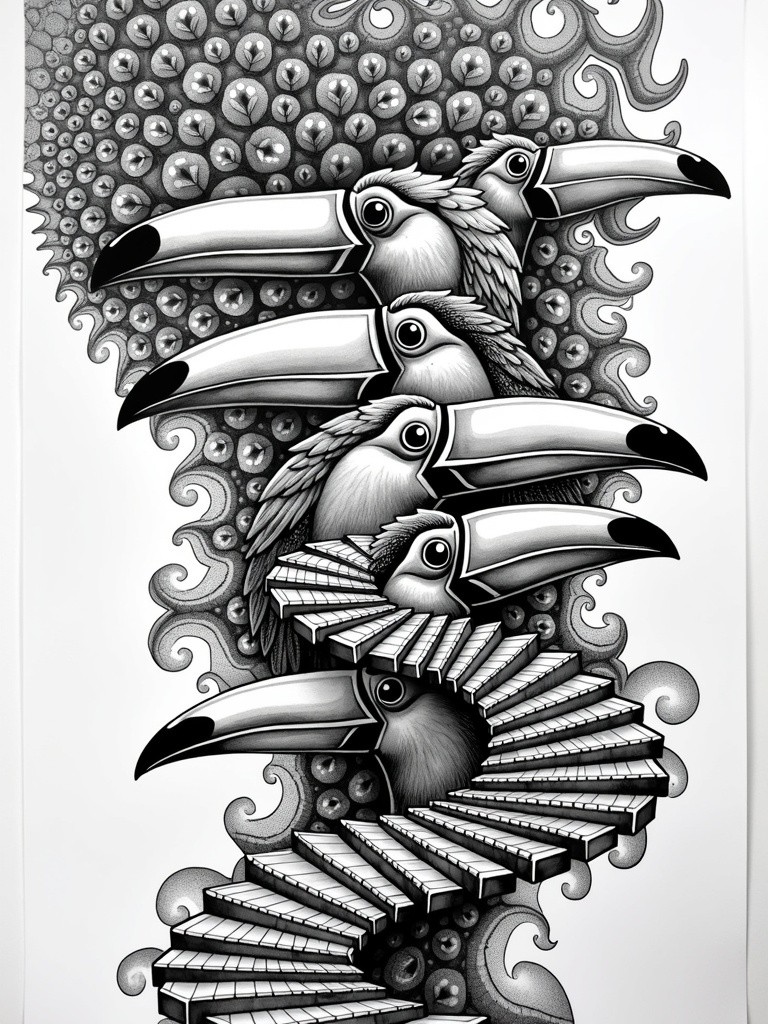 An artwork divided into three vertical segments, rendered in stunning black and white comic line art style using marker pen