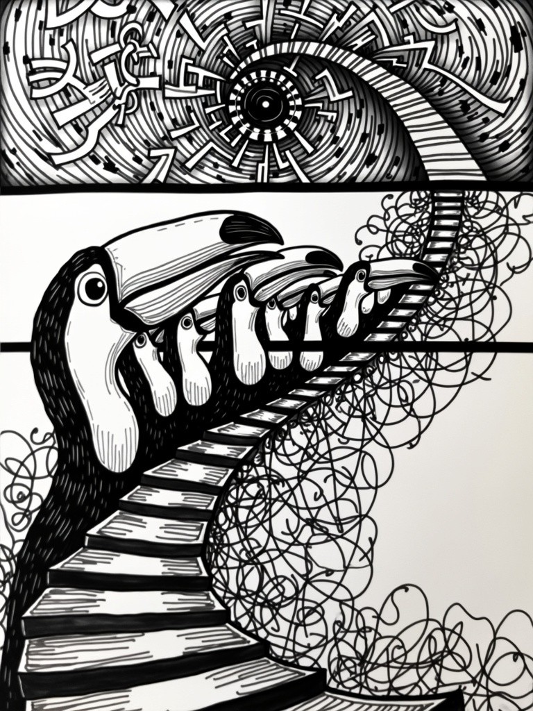 An artwork divided into three vertical segments, rendered in a hand-drawn style using black marker pen with intentionally messy lines