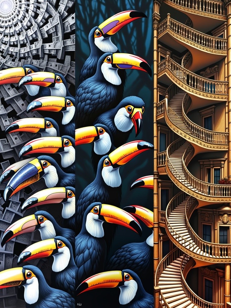 An artwork divided into three vertical segments, each rich in detail and intricately composed