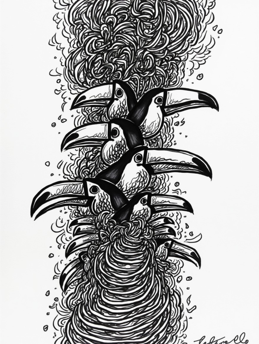 An artwork divided into three vertical segments, hand-drawn in a messy black marker pen style, rendered in black and white