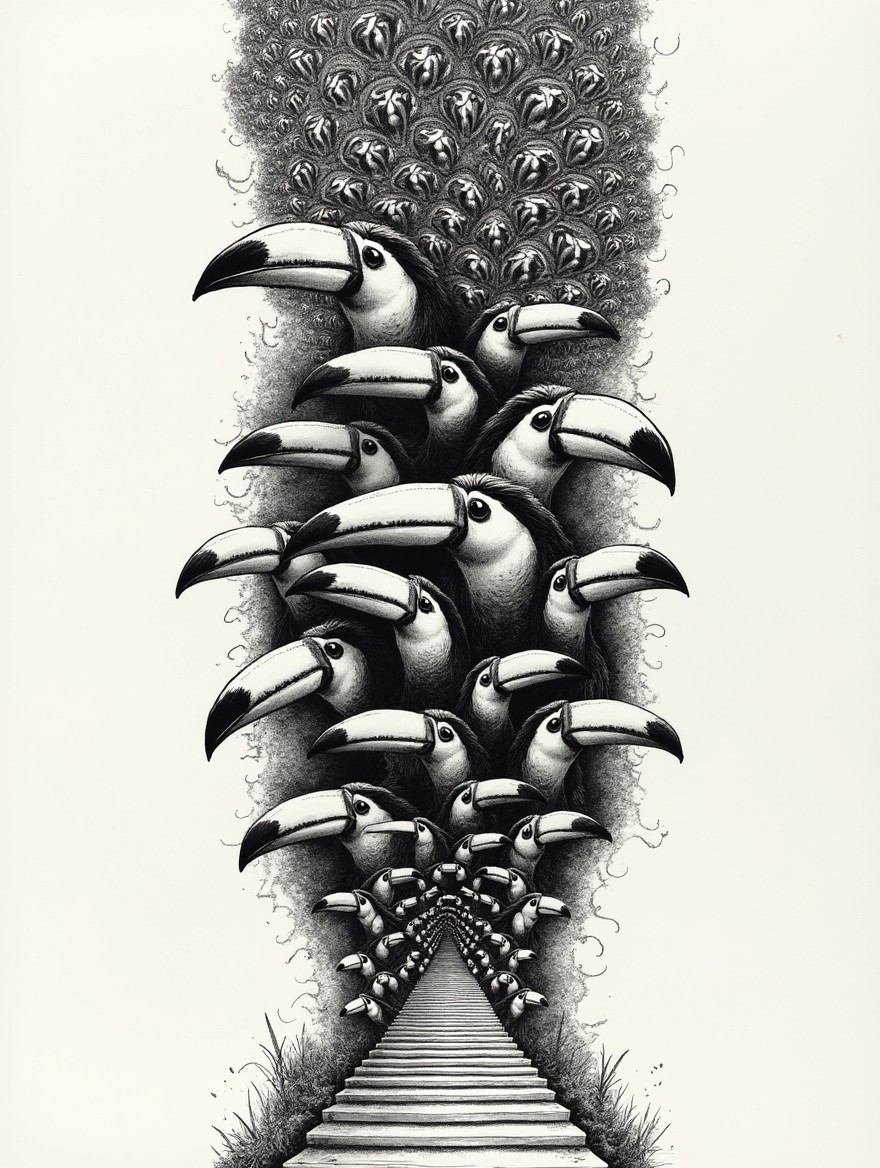 An artwork divided into three vertical segments down the page