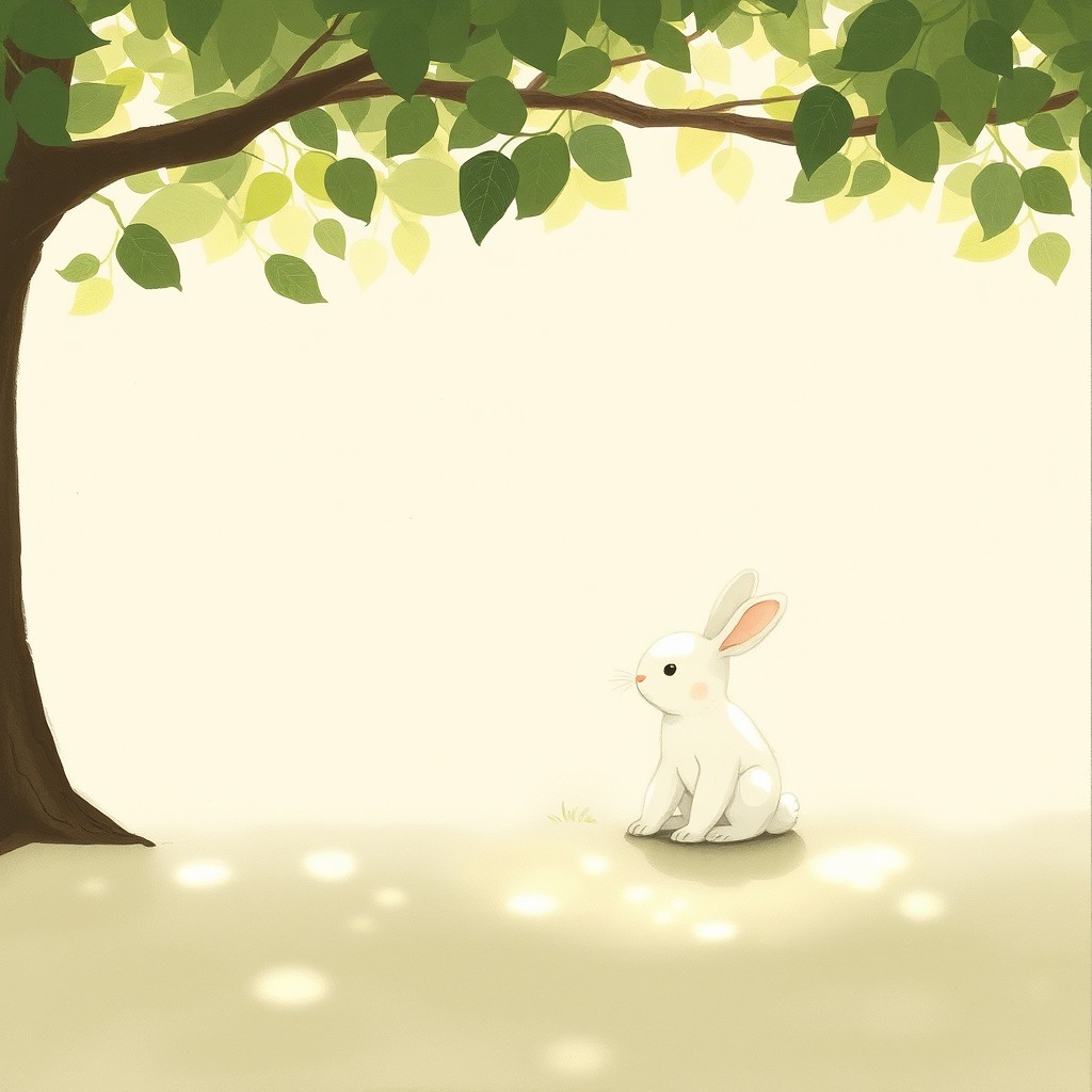 In a serene scene, a small white rabbit is sitting quietly under a tree, with dappled sunlight filtering through the leaves, casting playful patches of light and shadow on its fur