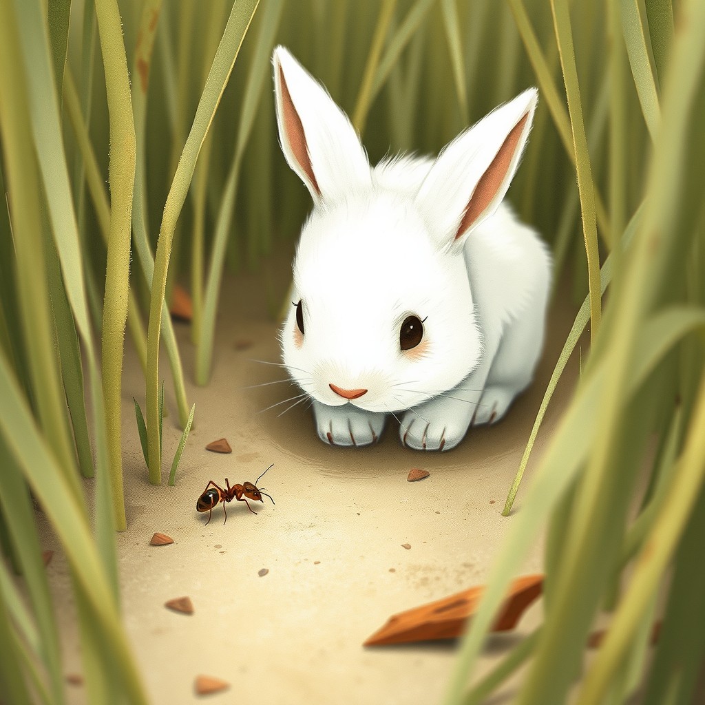 In a close-up view, a small white rabbit crouches gently among the grass, its head slightly poking out as it curiously observes an ant slowly crawling by