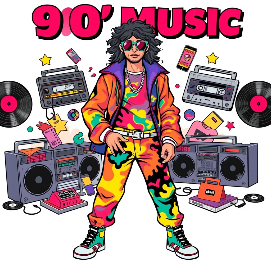 A retro 90s music poster featuring a complete character inspired by the provided photo, dressed in vibrant 90s fashion with bold colors and patterns