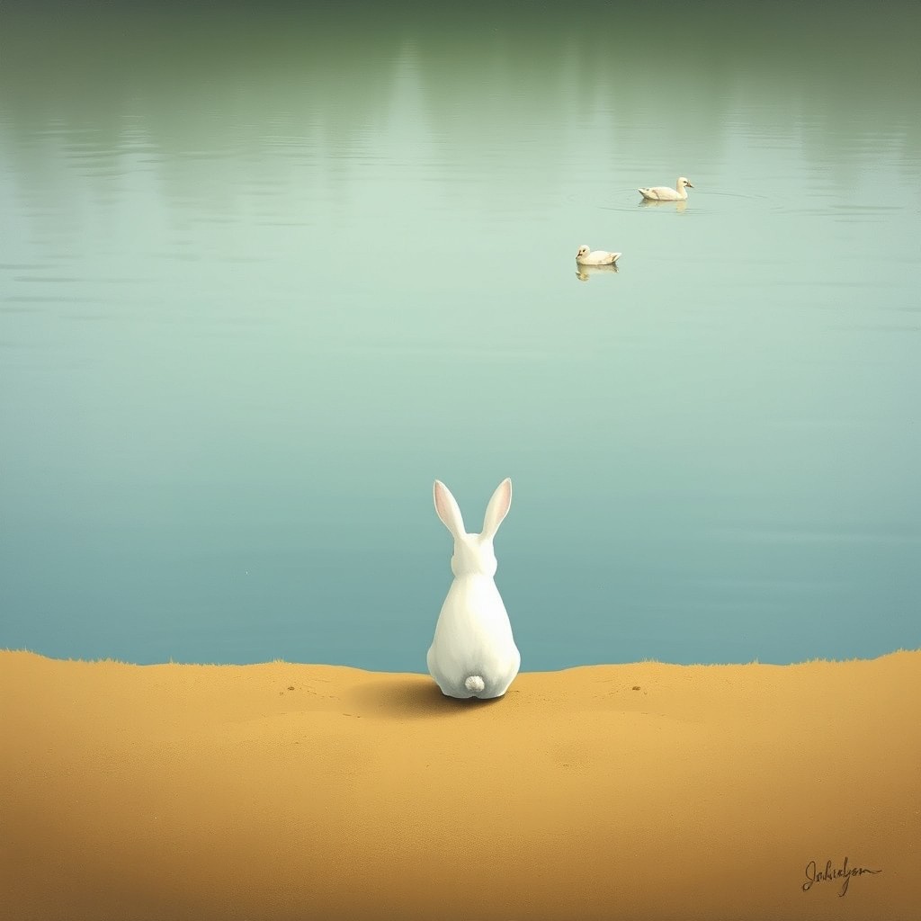 In a tranquil setting, a small white rabbit sits alone by the edge of a peaceful lake, facing away from the viewer