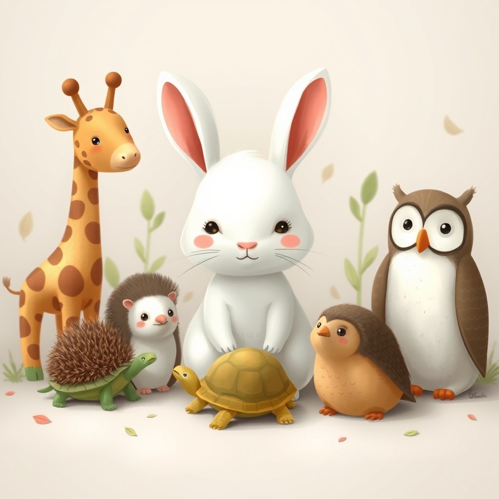 In a charming composition, a small white rabbit stands confidently in the center of the image, surrounded by a variety of delightful small animals, including a giraffe, a hedgehog, a turtle, and an owl, each with their own unique characteristics