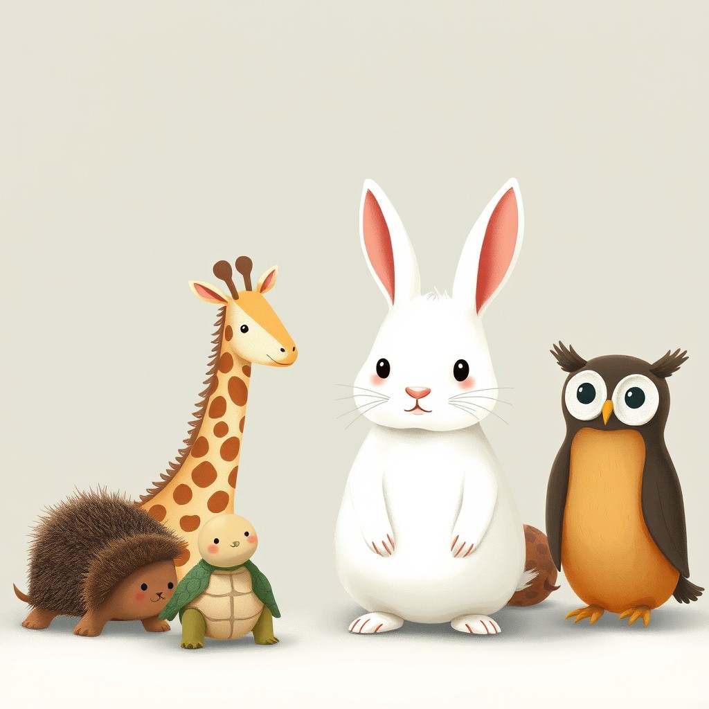 In a delightful composition, a small white rabbit stands at the center of the image, confidently surrounded by an assortment of charming small animals, including a giraffe, a hedgehog, a turtle, and an owl, each showcasing their distinctive traits