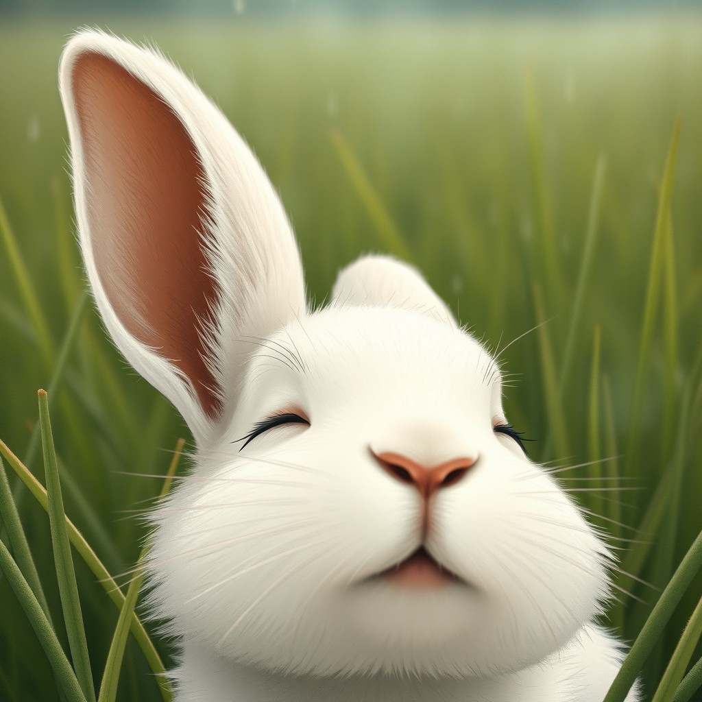 In an intimate close-up, the image highlights the face of a small white rabbit, with its ears perked up, exuding a sense of curiosity and alertness