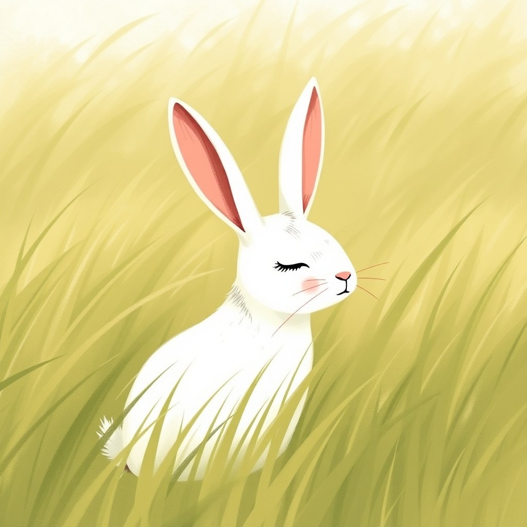 In a serene scene, a small white rabbit is depicted with its ears perked up, set against a backdrop of a grassy field gently swaying in the wind