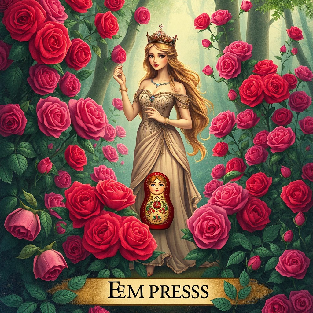 An enchanting illustration of the Empress tarot card, featuring a beautiful woman embodying grace and femininity, surrounded by a lush forest filled with an abundance of vibrant red, pink, and magenta roses