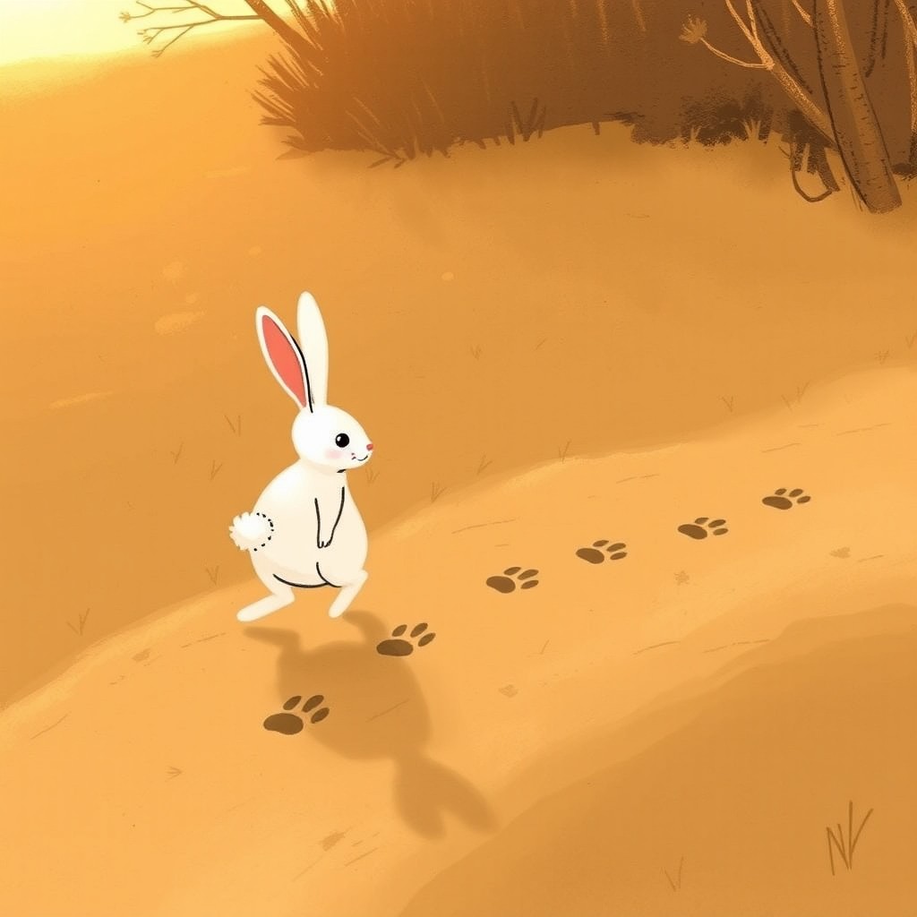 In this warm and gentle scene, a small white rabbit is depicted slowly making its way along a dirt path, leaving behind a neat series of paw prints that trail behind it