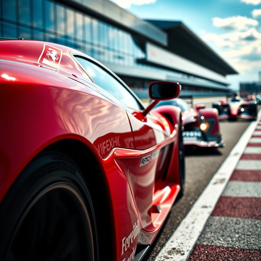 An ultra-detailed close-up of a Ferrari 499P LMH racing car, showcasing its sleek aerodynamic design with sharp lines and curves