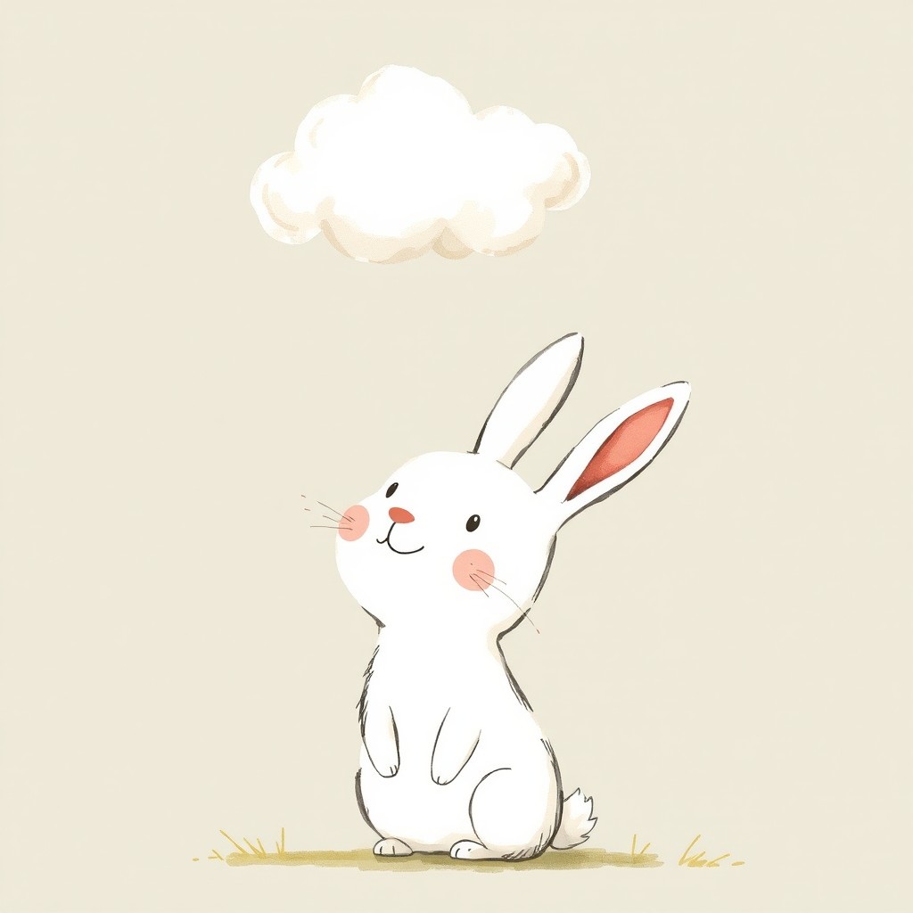 In this charming scene, a small white rabbit is depicted looking up at the sky with a joyful smile on its face