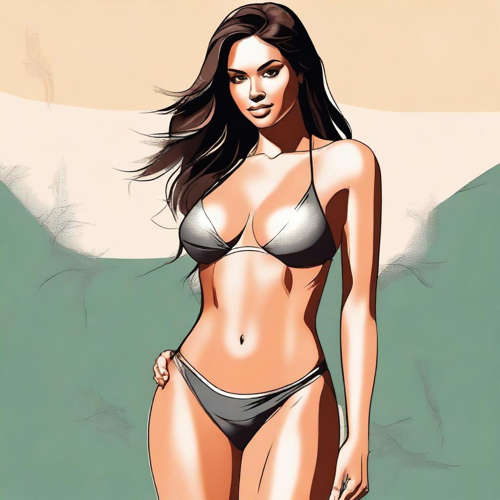 A high-quality digital art piece depicting a confident woman in a bikini, poised on her knees