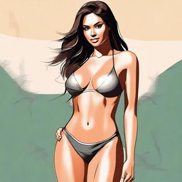 A high-quality digital art piece depicting a confident woman in a bikini, poised on her knees