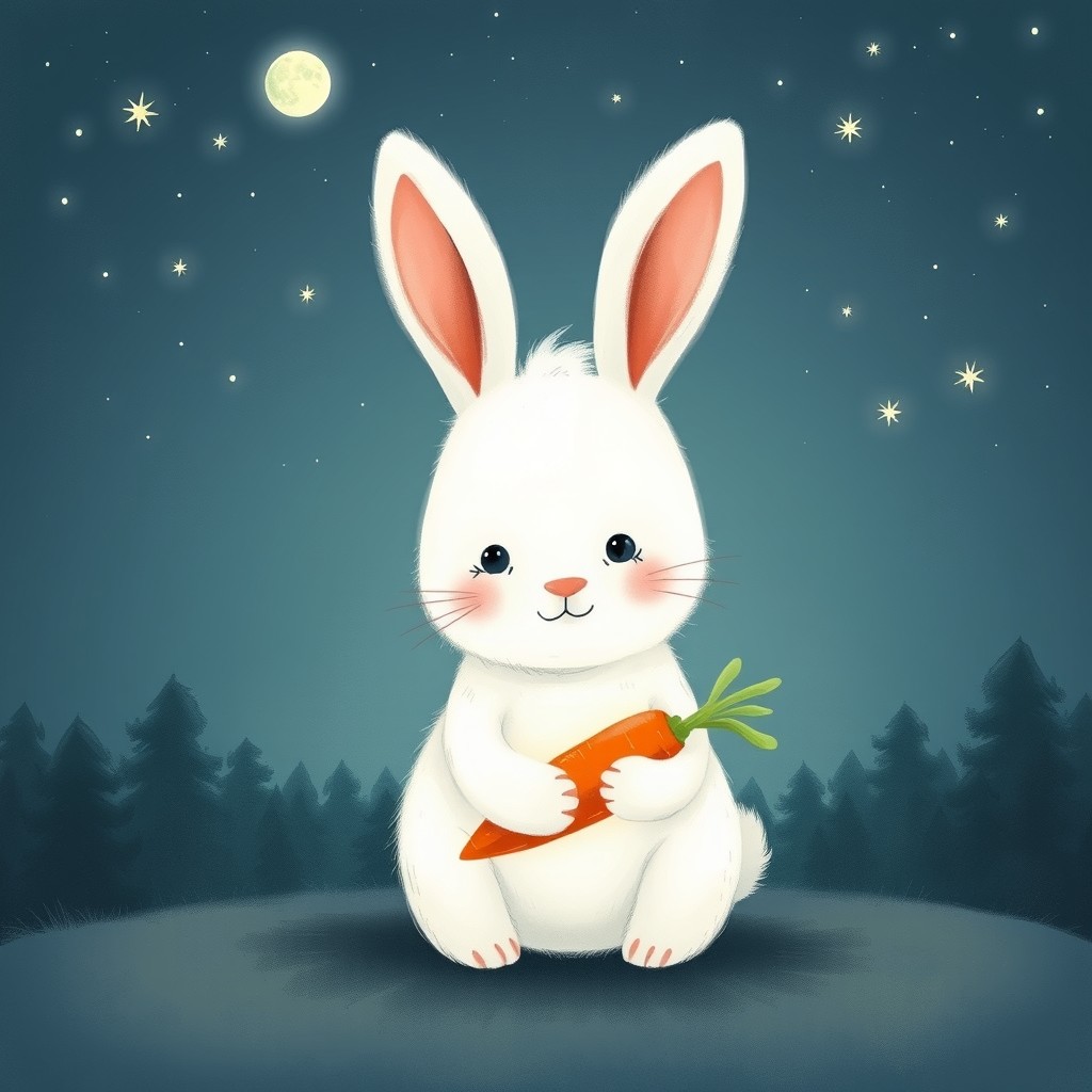 In this enchanting scene, a small white rabbit is depicted sitting under a starry night sky, with the soft moonlight cascading over its fur, creating a gentle glow