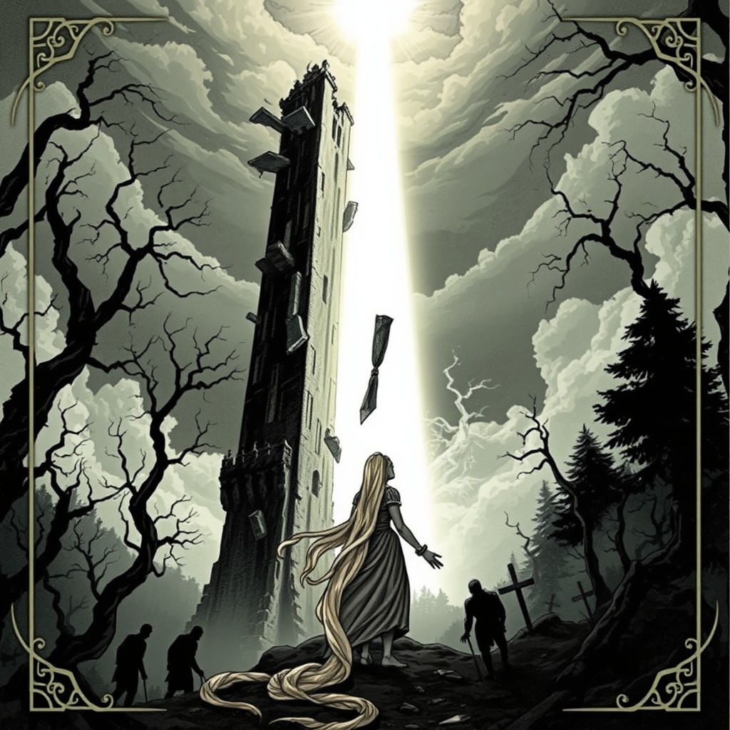 An ominous illustration of "The Tower" tarot card, featuring Rapunzel at the bottom looking up at the crumbling tower above her as it falls apart