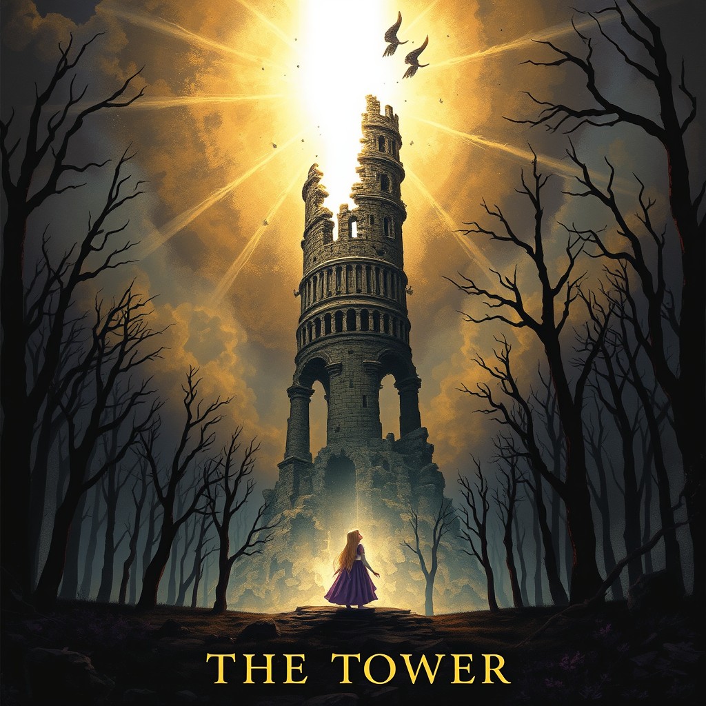 A mystical illustration of "The Tower" tarot card, featuring Rapunzel standing alone at the bottom, gazing upwards at the crumbling tower that is falling apart above her