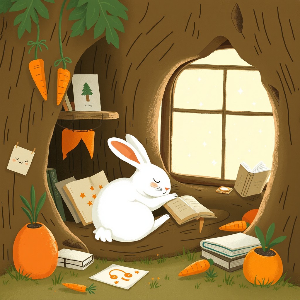 In this cozy scene, a small white rabbit is nestled comfortably inside its tree hollow home, surrounded by a tidy and warm environment