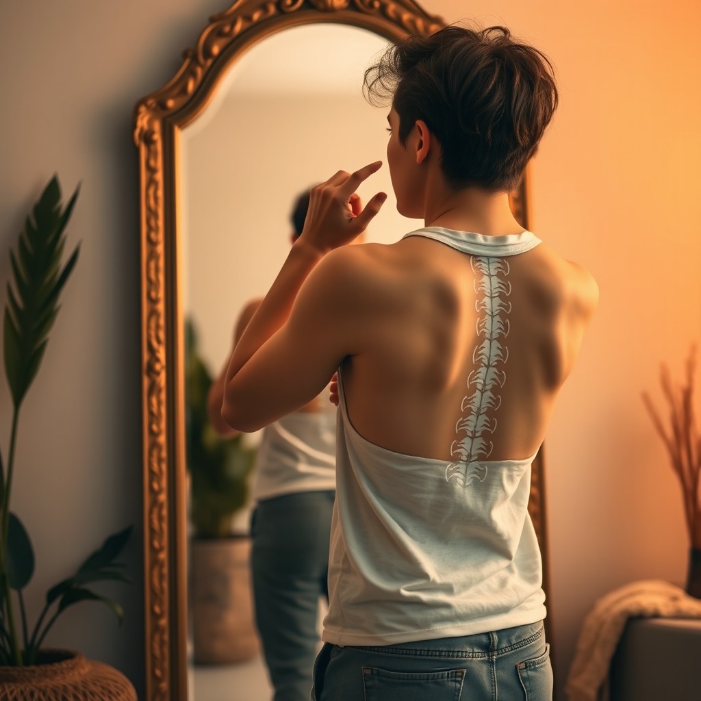 A person standing in front of a large, ornate mirror, tracing the outline of their spine with their fingers