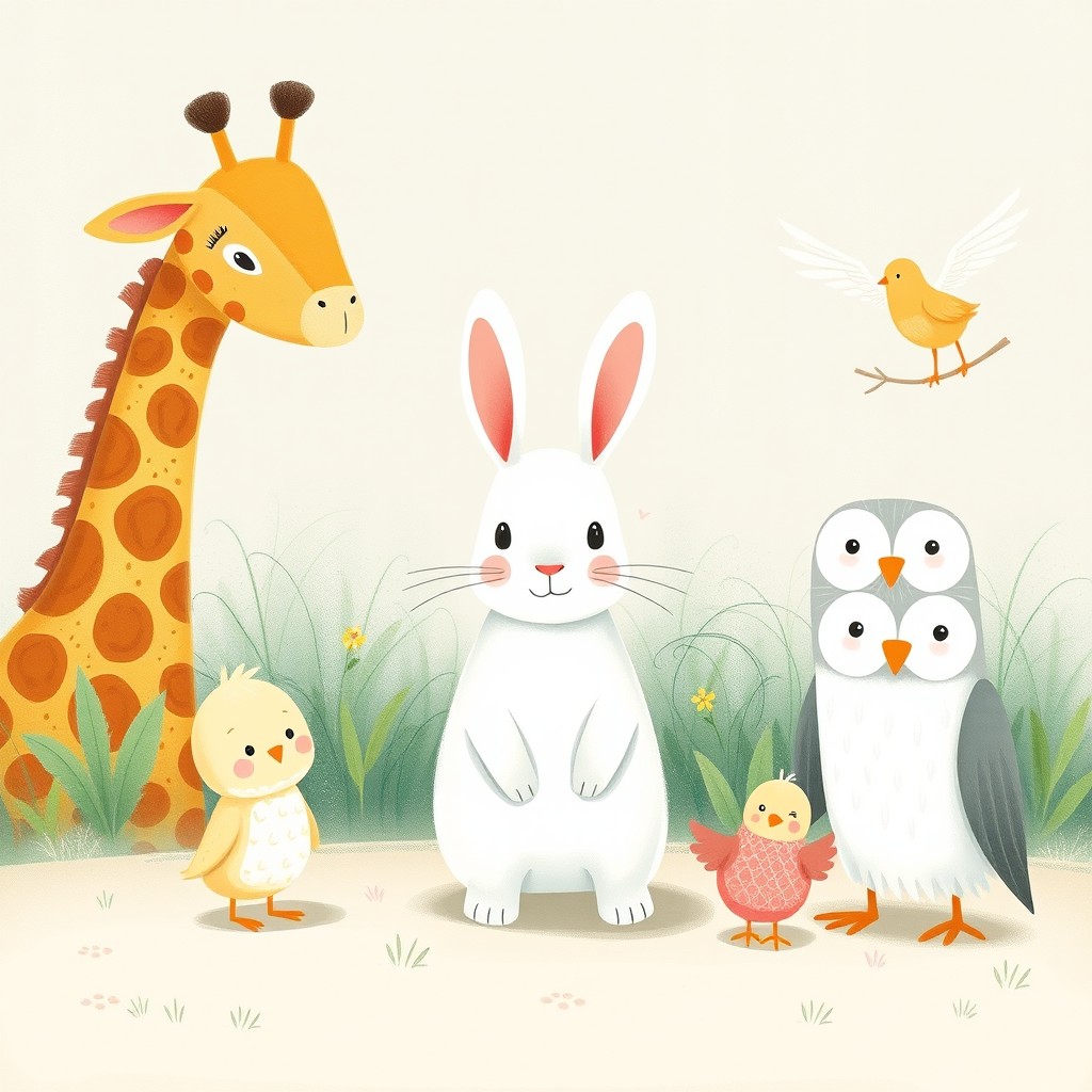 In this delightful scene, a small white rabbit stands calmly in the center of the image, gazing peacefully at the viewer with a serene expression