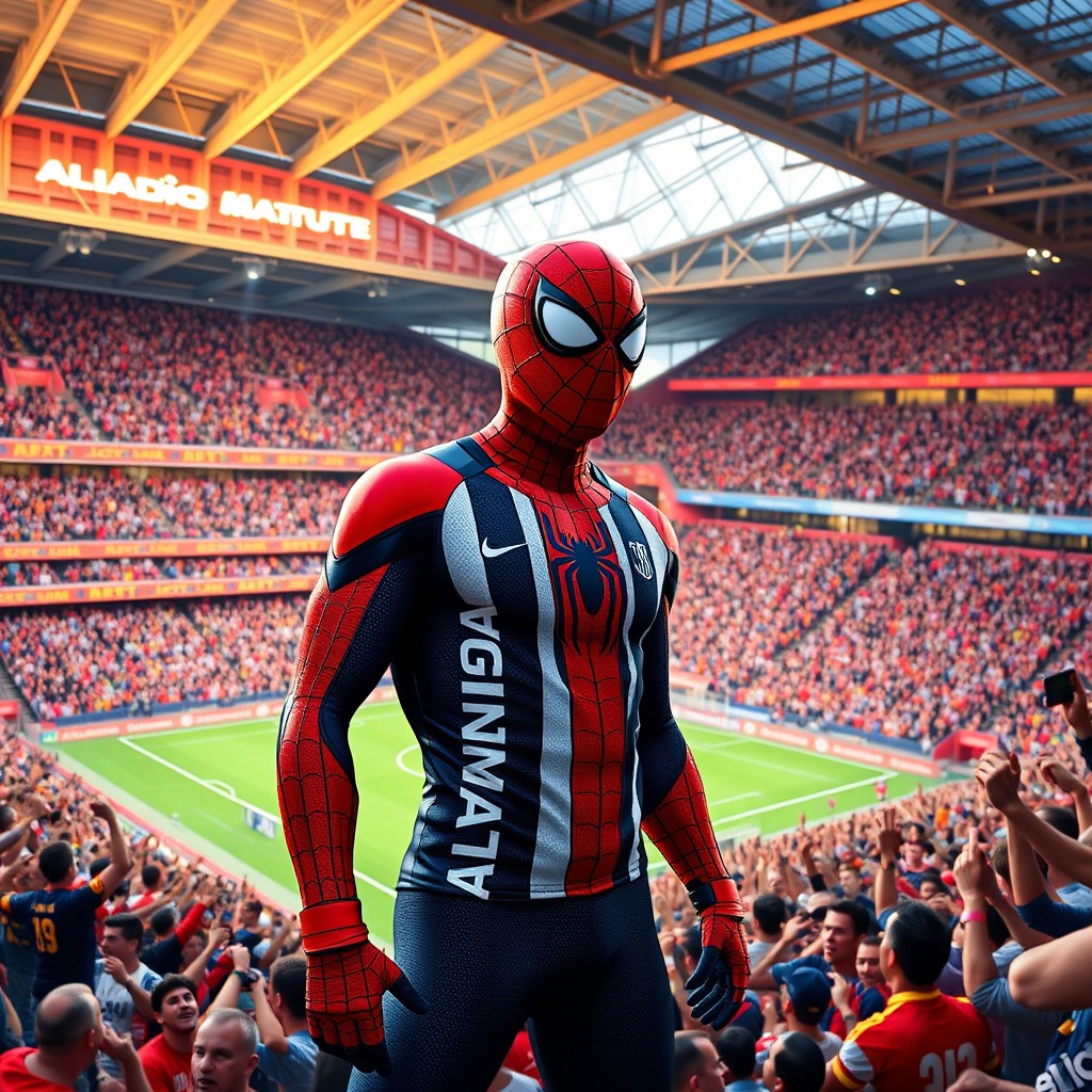 Spider-Man wearing the 2025 original Alianza Lima jersey, standing in a packed Estadio Matute filled with cheering fans, vibrant atmosphere, dynamic action pose, colorful team banners waving in the crowd, detailed expressions of excitement on fans' faces, beautiful stadium architecture, evening light casting a warm glow over the scene