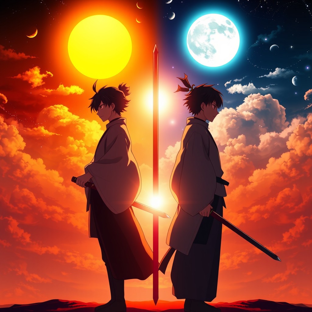 Two characters stand back-to-back, facing the horizon — Tanjiro and Muichiro from Demon Slayer (Kimetsu no Yaiba)