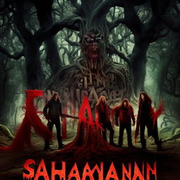 Four long-haired men standing sternly with fierce faces against the backdrop of the most haunted forest in a fantasy world teeming with monsters, featuring the word 'SA'AYANA' in blood-themed letters.