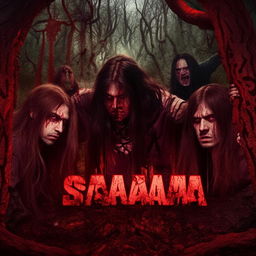 Four long-haired men standing sternly with fierce faces against the backdrop of the most haunted forest in a fantasy world teeming with monsters, featuring the word 'SA'AYANA' in blood-themed letters.