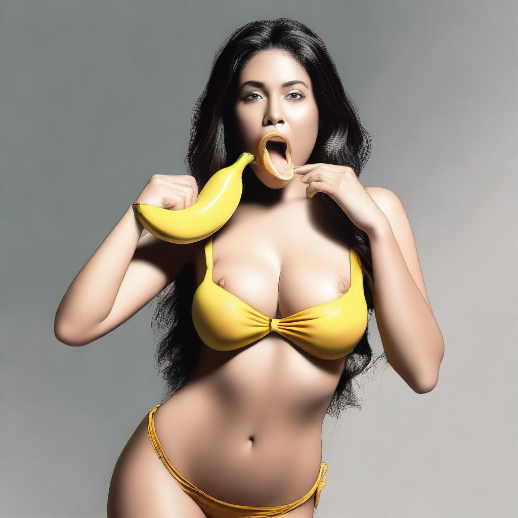 An ultra-realistic digital art piece showcasing a sultry woman in a bikini, kneeling and holding a banana in her mouth with both hands