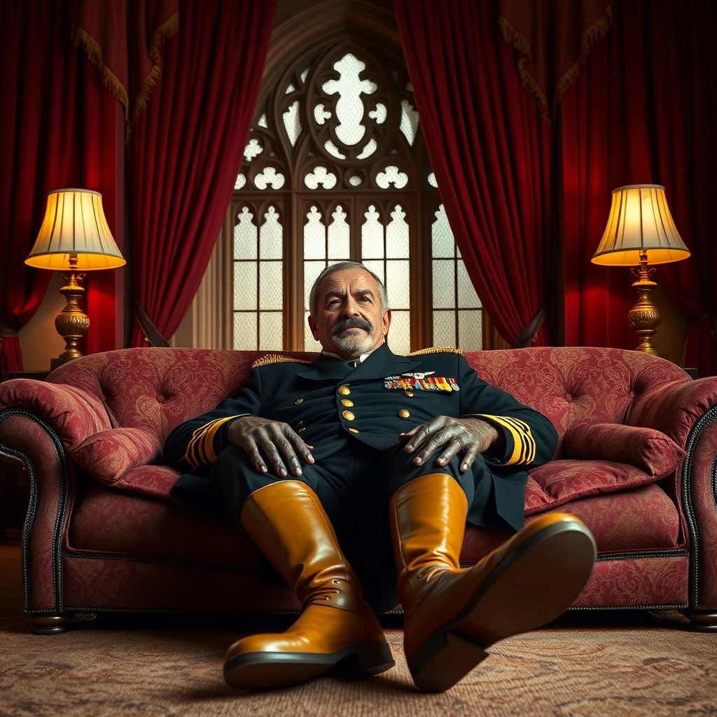 A mysterious 60-year-old French admiral, tall and imposing, with a distinct black goatee and charmingly curled mustache, displaying a serious demeanor