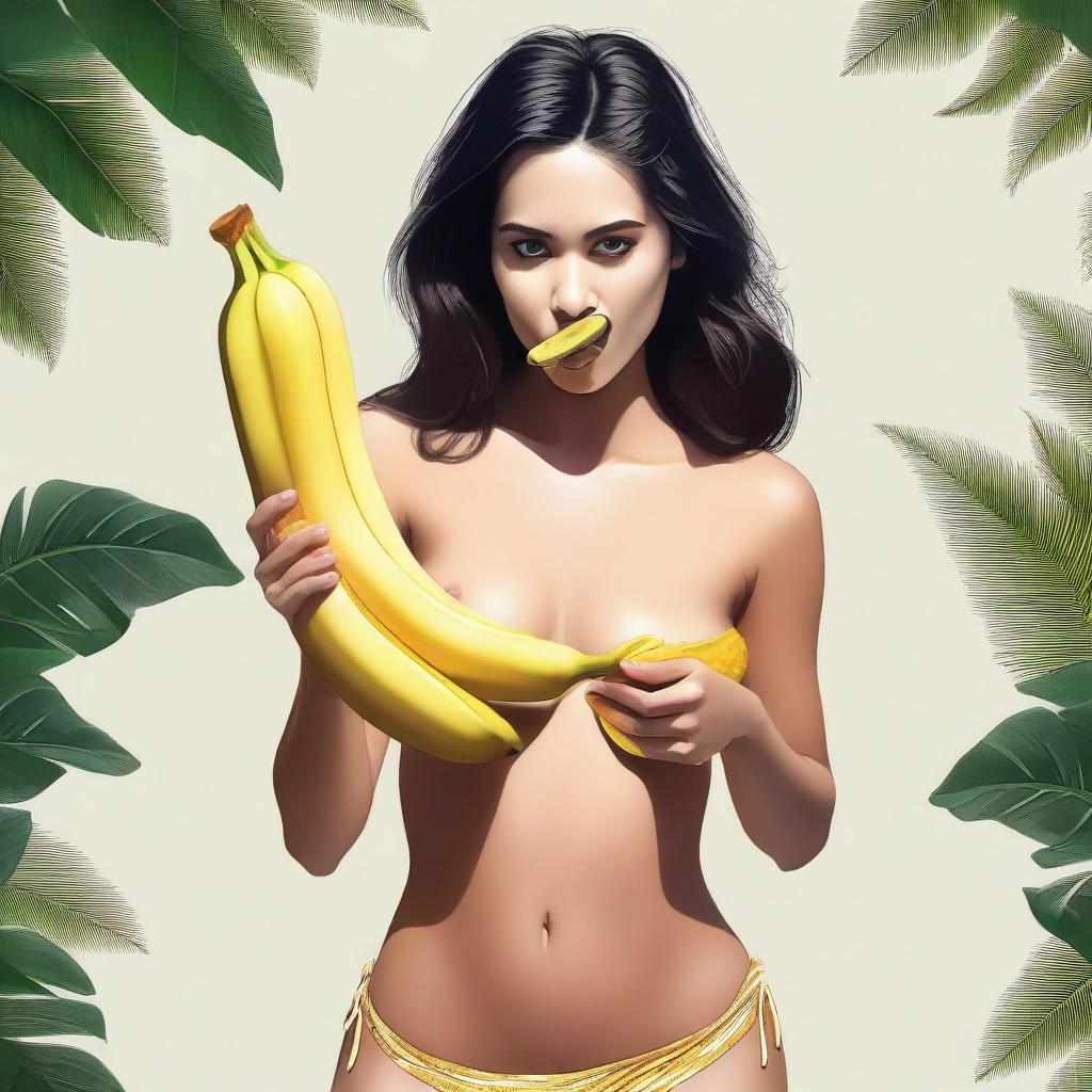 An ultra-realistic digital art piece showcasing a sultry woman in a bikini, kneeling and holding a banana in her mouth with both hands