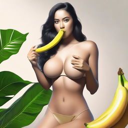 An ultra-realistic digital art piece showcasing a sultry woman in a bikini, kneeling and holding a banana in her mouth with both hands