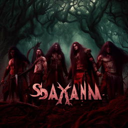 Four long-haired men standing sternly with fierce faces against the backdrop of the most haunted forest in a fantasy world teeming with monsters, featuring the word 'SA'AYANA' in blood-themed letters.