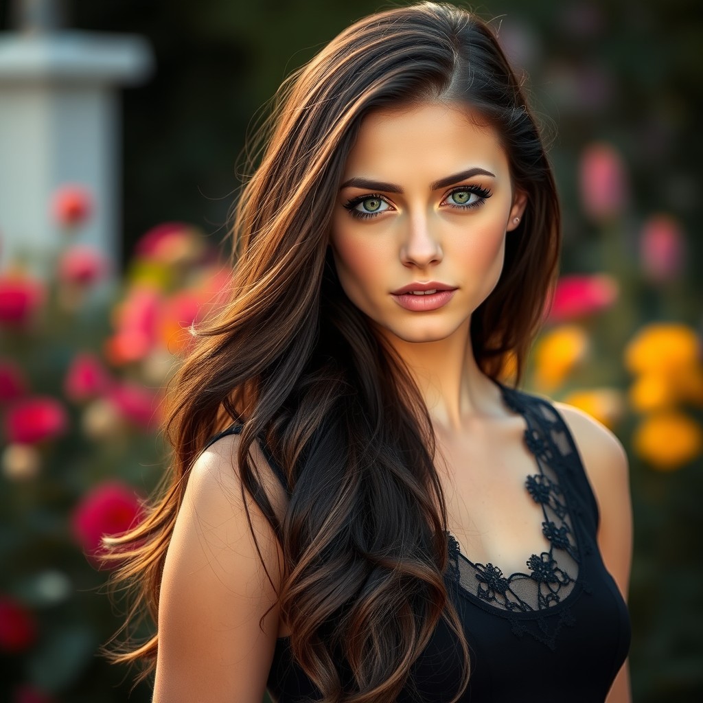 A portrait of Leah Halton, an elegant young woman with long, flowing dark hair and striking green eyes