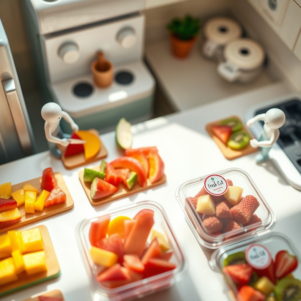 Tiny figures in a cozy home kitchen preparing and packaging freshly sliced fruits