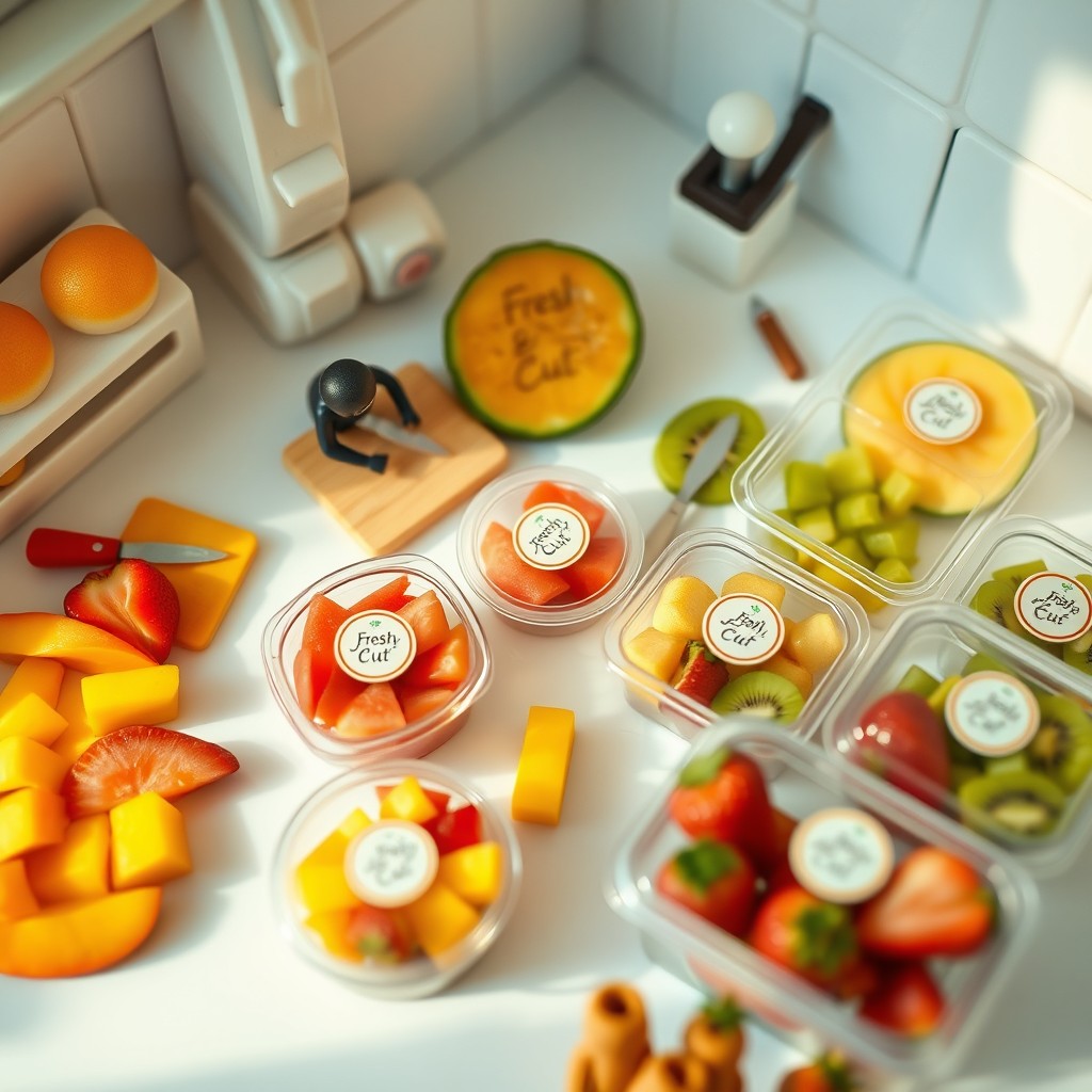 Tiny figures in a cozy home kitchen preparing and packaging freshly sliced fruits